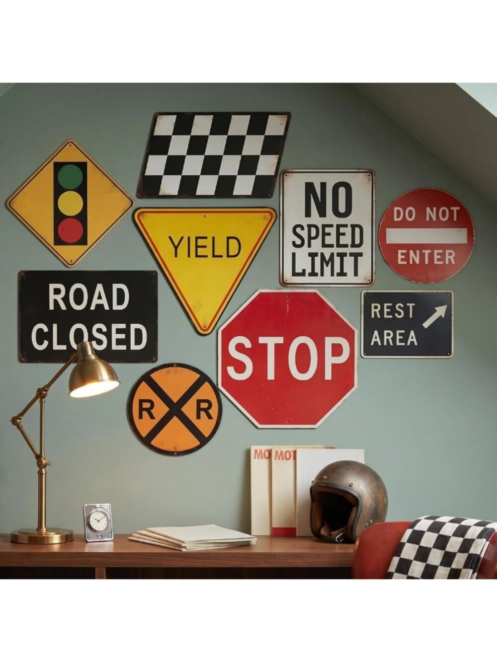 Vintage Race Car Wall Decor Set - 9 Pcs Rattan Room Decor for Kids' Bedroom